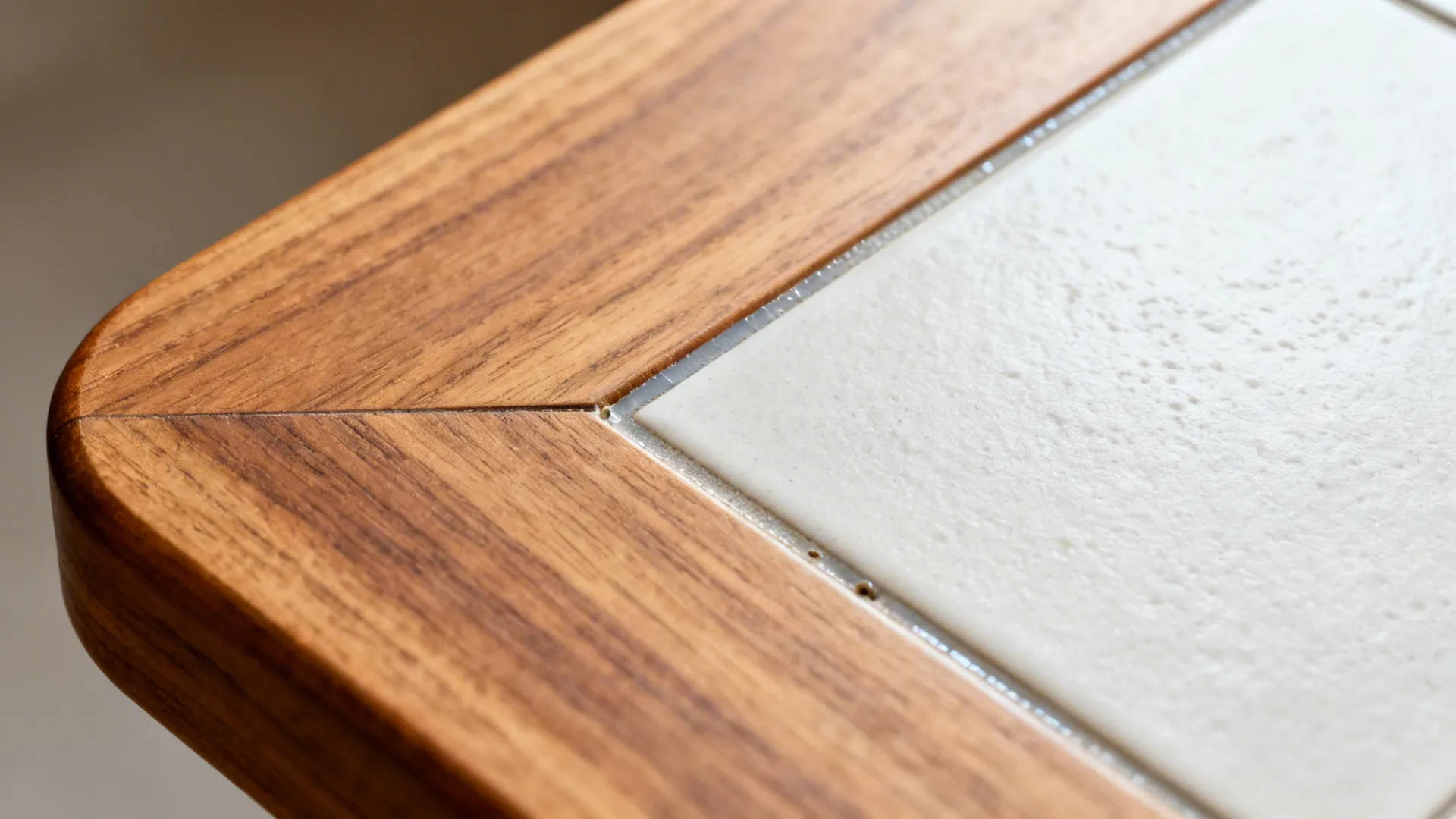 Macro showing flush junction of oiled oak frame and matte porcelain tile insert with epoxy grout.