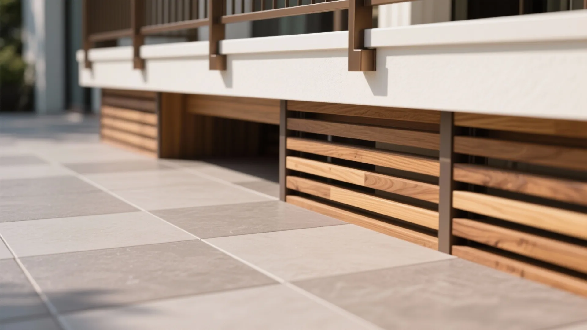 Close up view of grey floor tiles and wooden wall panels on a modern outdoor balcony