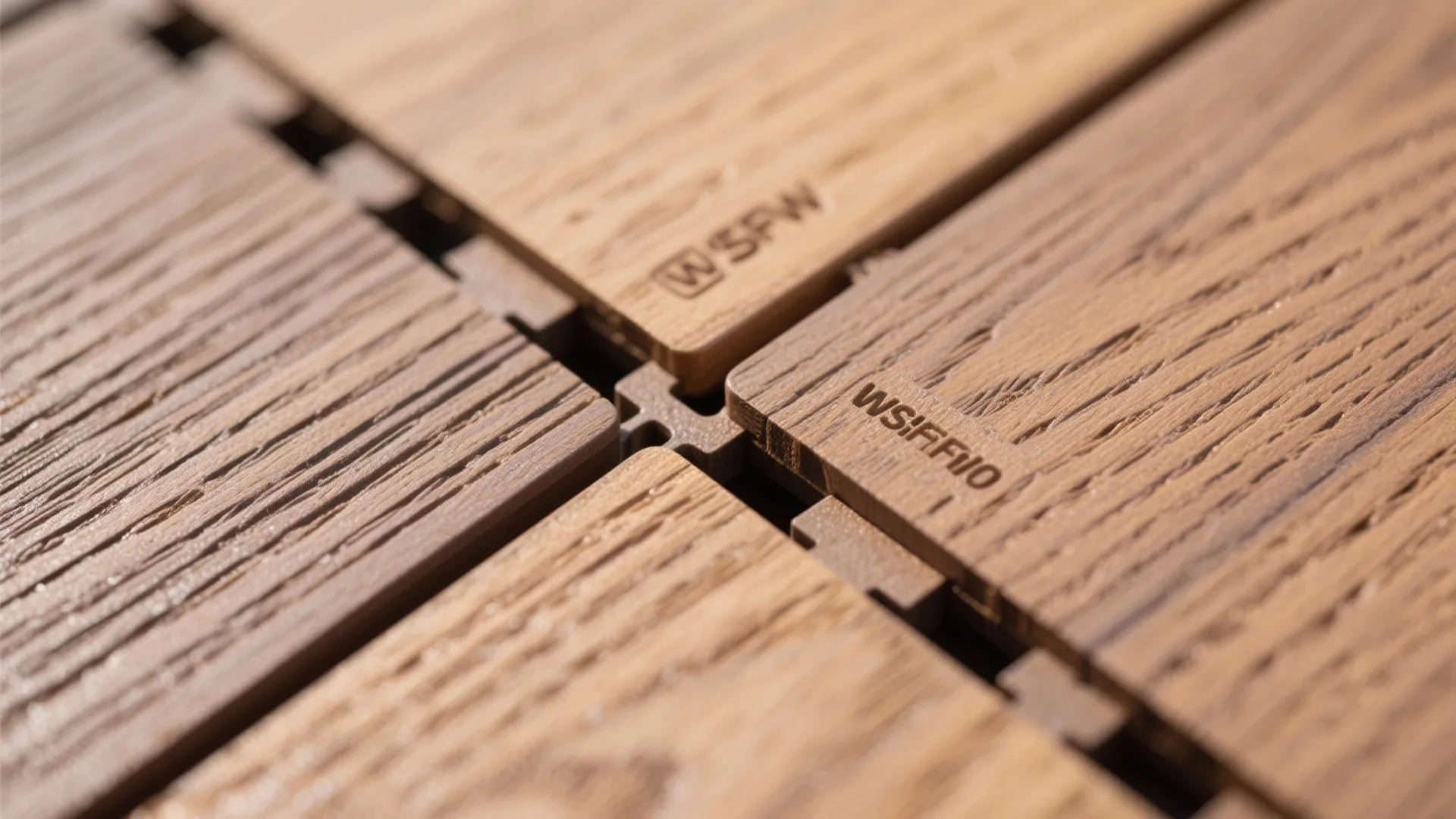 Macro of acacia deck tile interlock showing realistic grain and drainage gap.