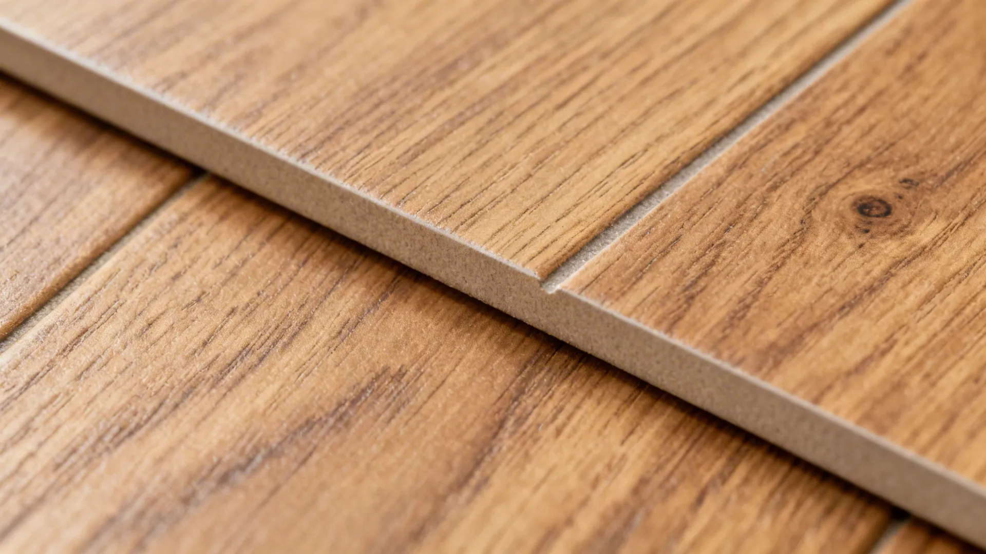Macro of wood-look porcelain plank with realistic grain and tight grout line.