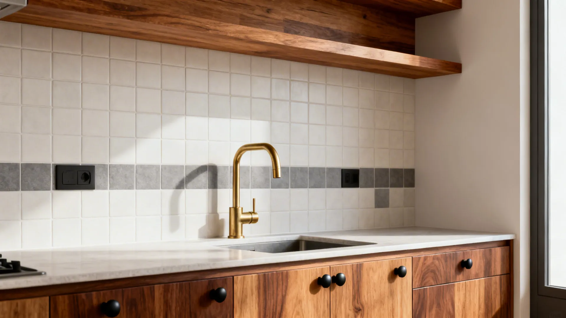 Neutral tile backsplash with warm oak shelves, walnut detail, brass faucet, and black knobs.
