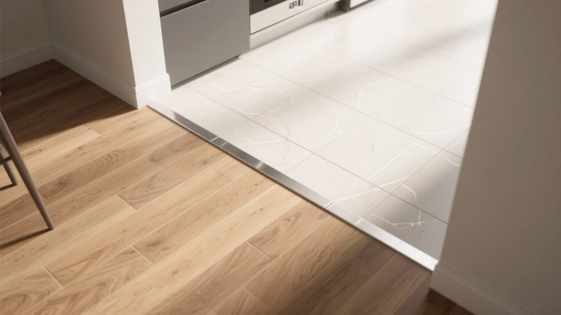 Clean transition between wood-look planks and kitchen tiles with a slim metal trim.