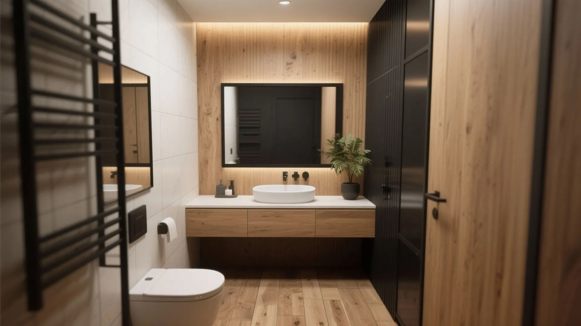 Modern bathroom with wood wall panel and floor white toilet and floating wood sink cabinet