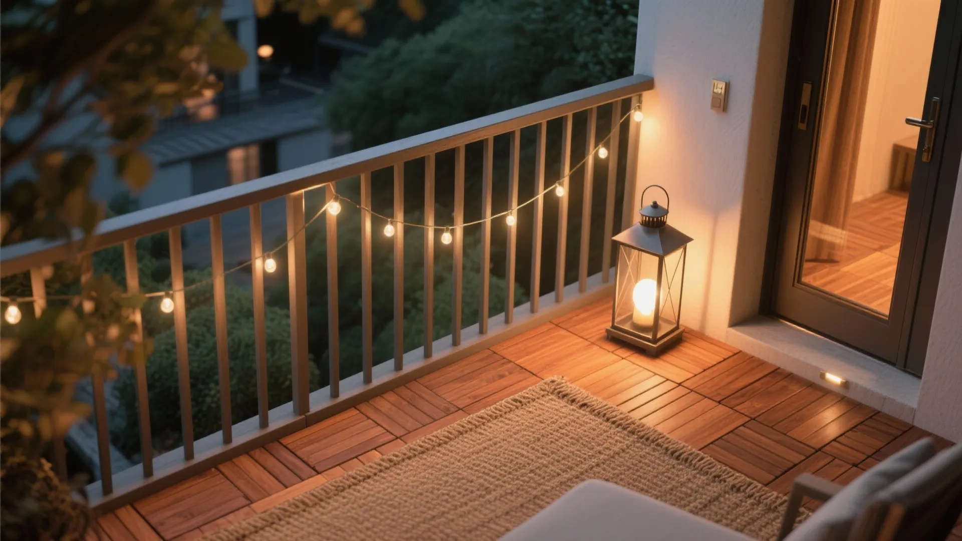Warm wood decking tiles and layered lighting
