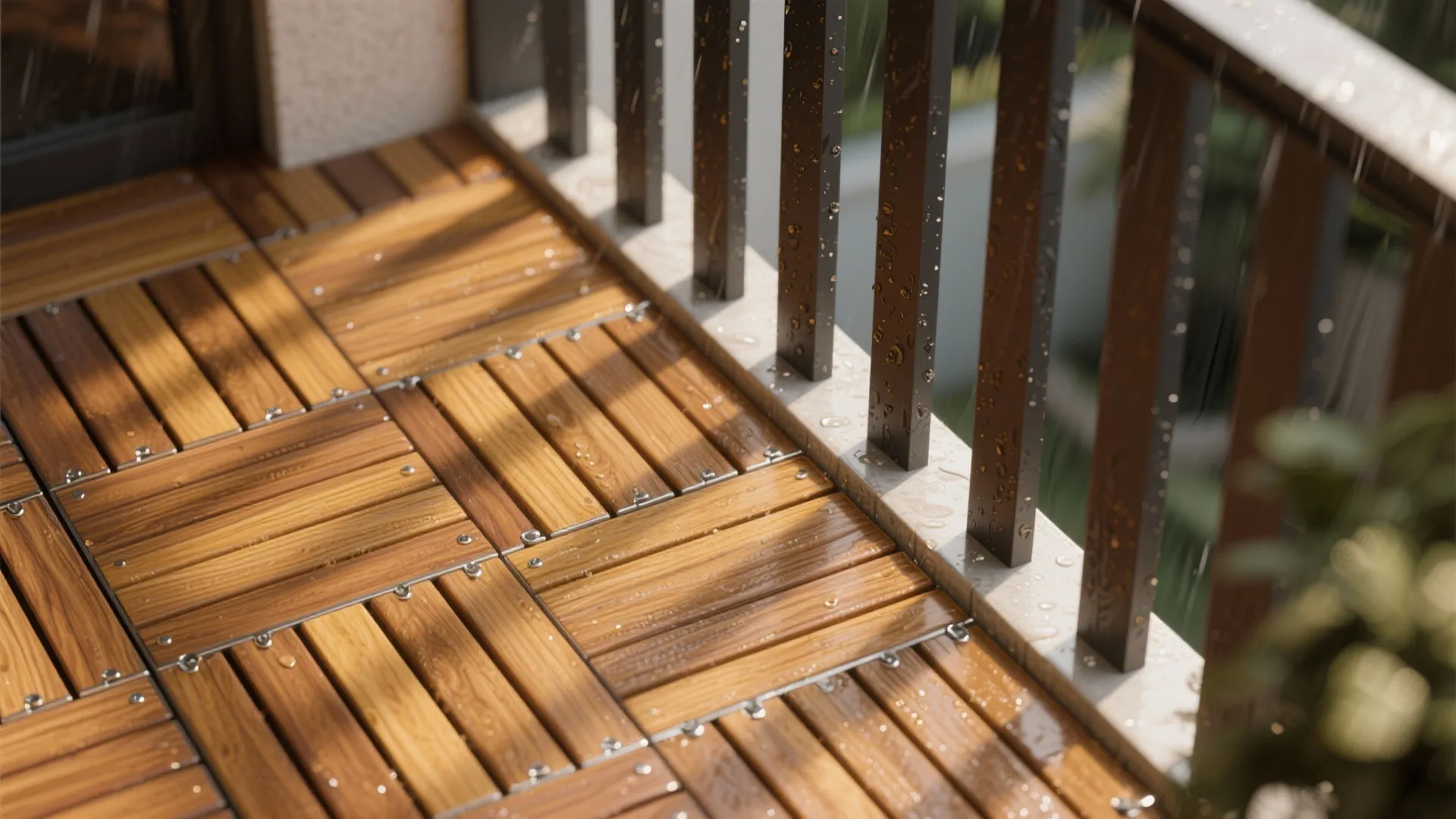 Warm wood textures: decking tiles and slatted screens