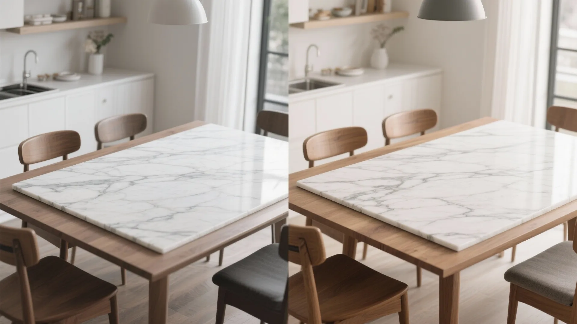 Side by side comparison of a wooden dining table with a white marble top surface
