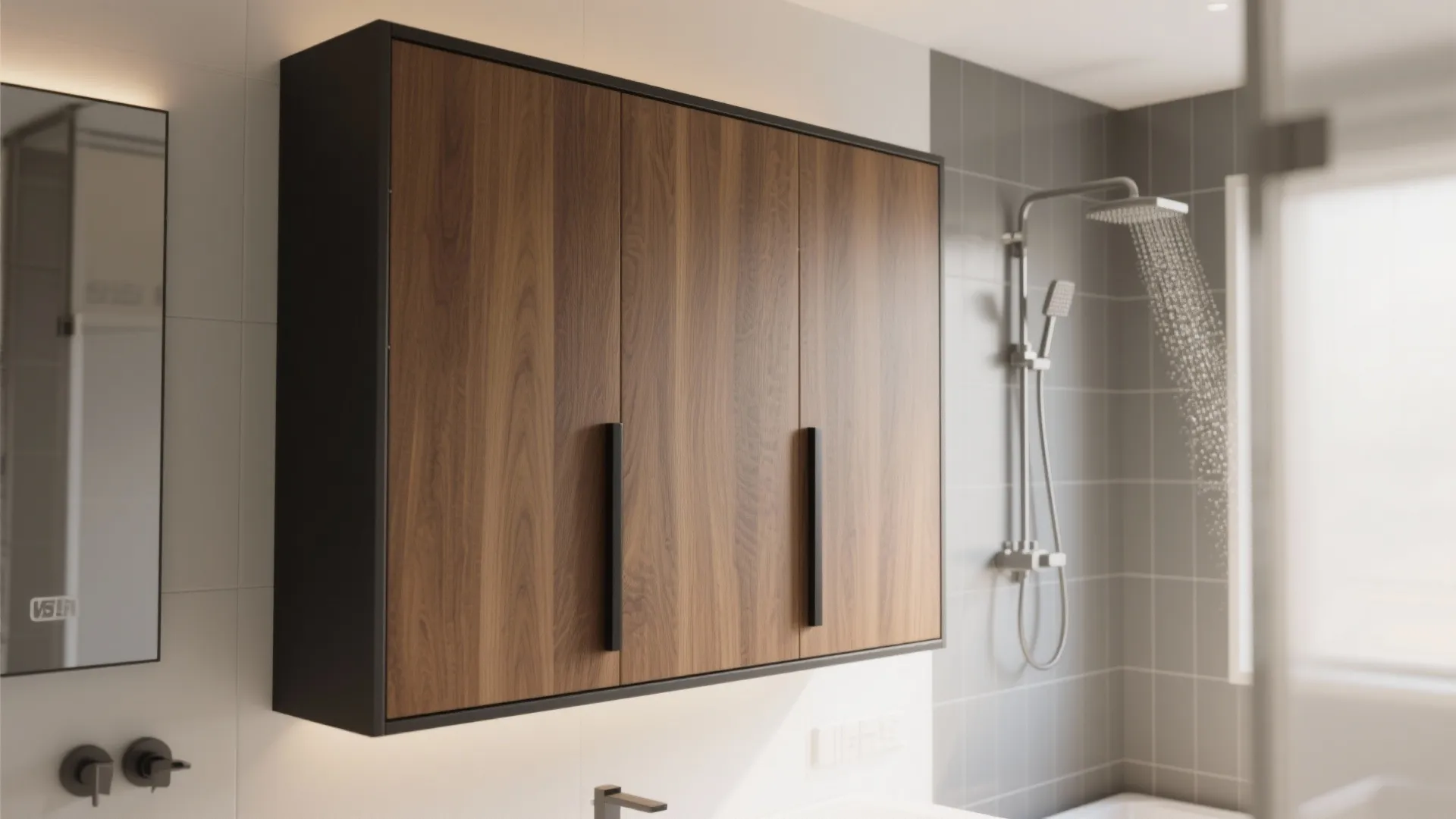 Modern bathroom interior design featuring a dark wood cabinet mounted on a white tiled wall