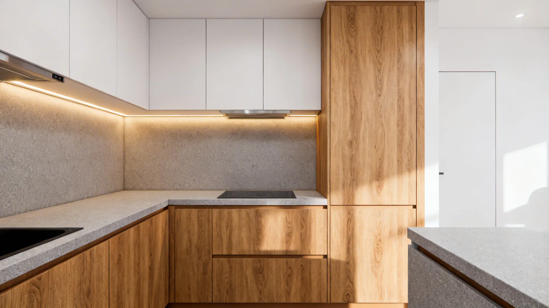Compact kitchen balancing oak-look laminate bases with real oak veneer tall unit and cool grey counters.