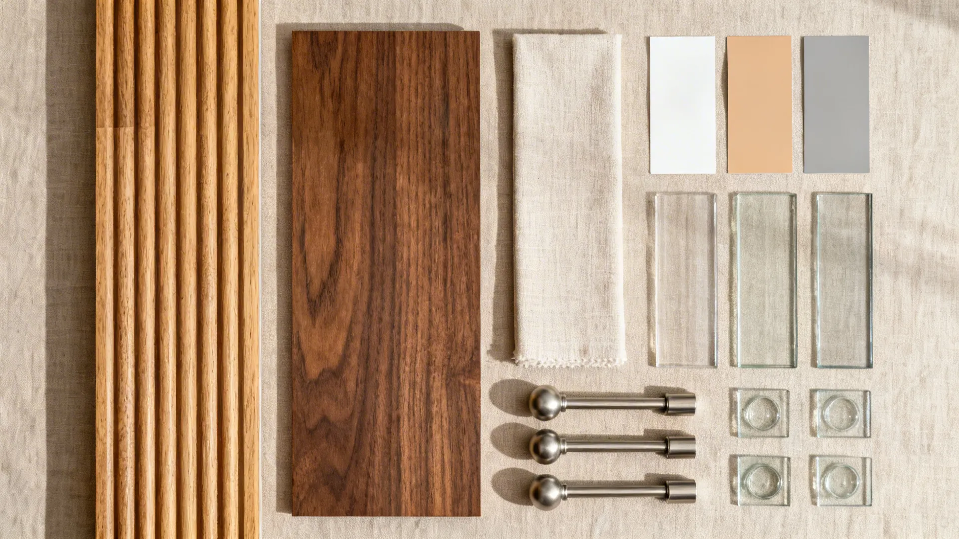 Material flat lay with oak, walnut veneer, neutral fabrics, and warm white paint chips