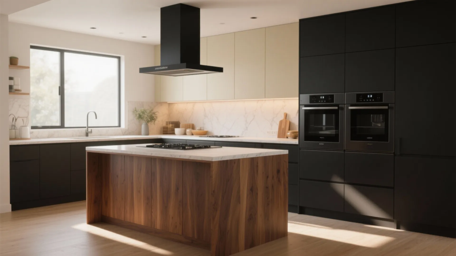 Scandinavian-style kitchen with matte black appliances paired with warm oak cabinets and a walnut island under soft daylight.