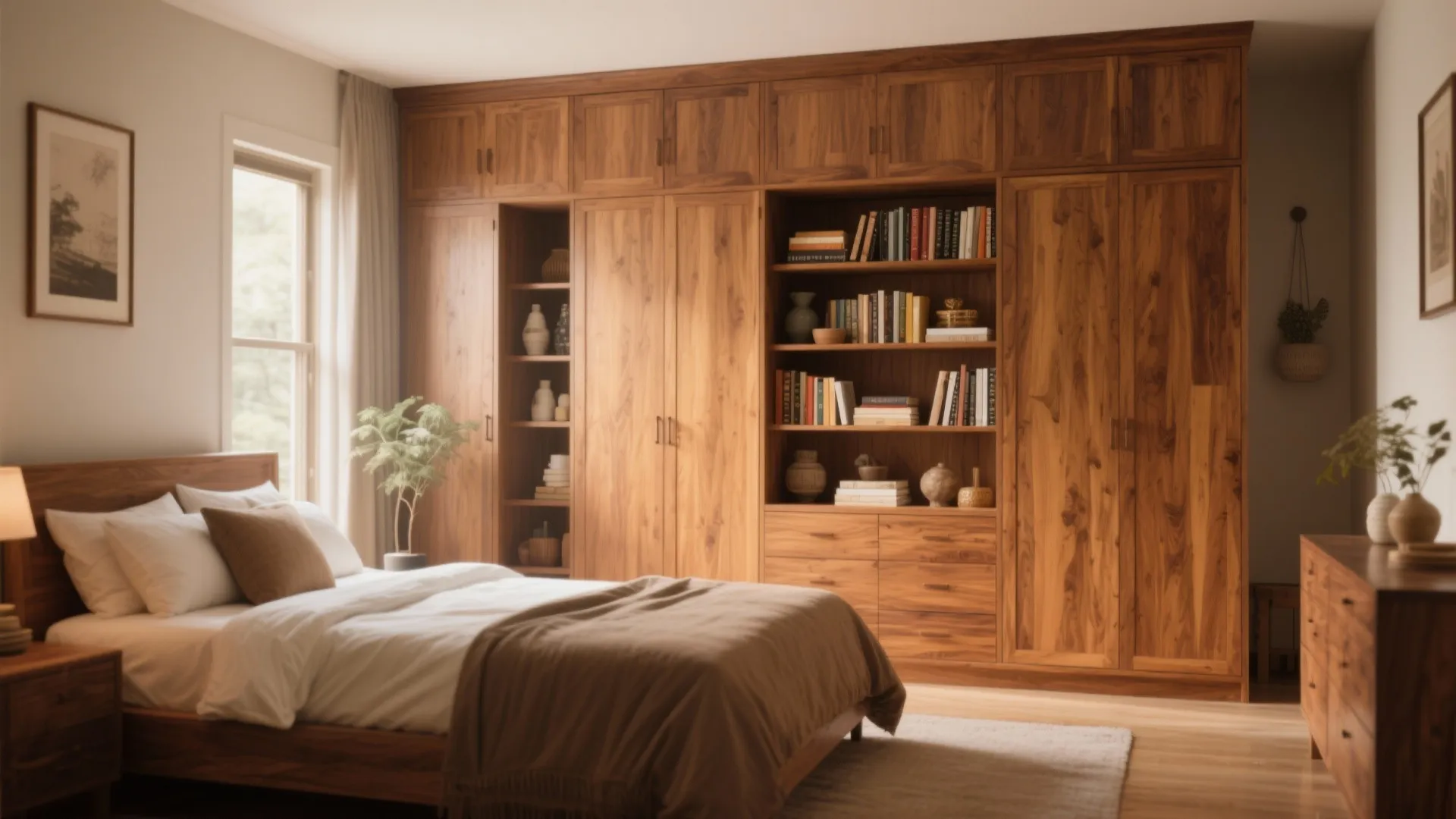 Large dark wood wall cabinet with open shelves for books beside a bed with pillows