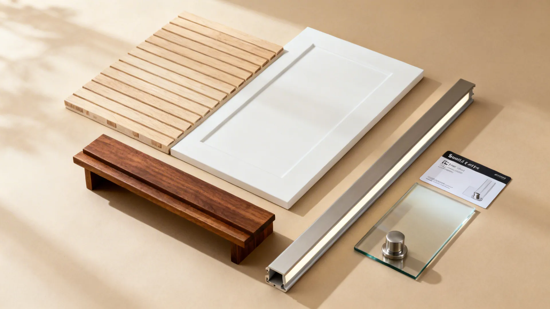 Flatlay of pale oak, off-white slab, walnut, satin glass, and stainless hardware for a warm small kitchen palette.