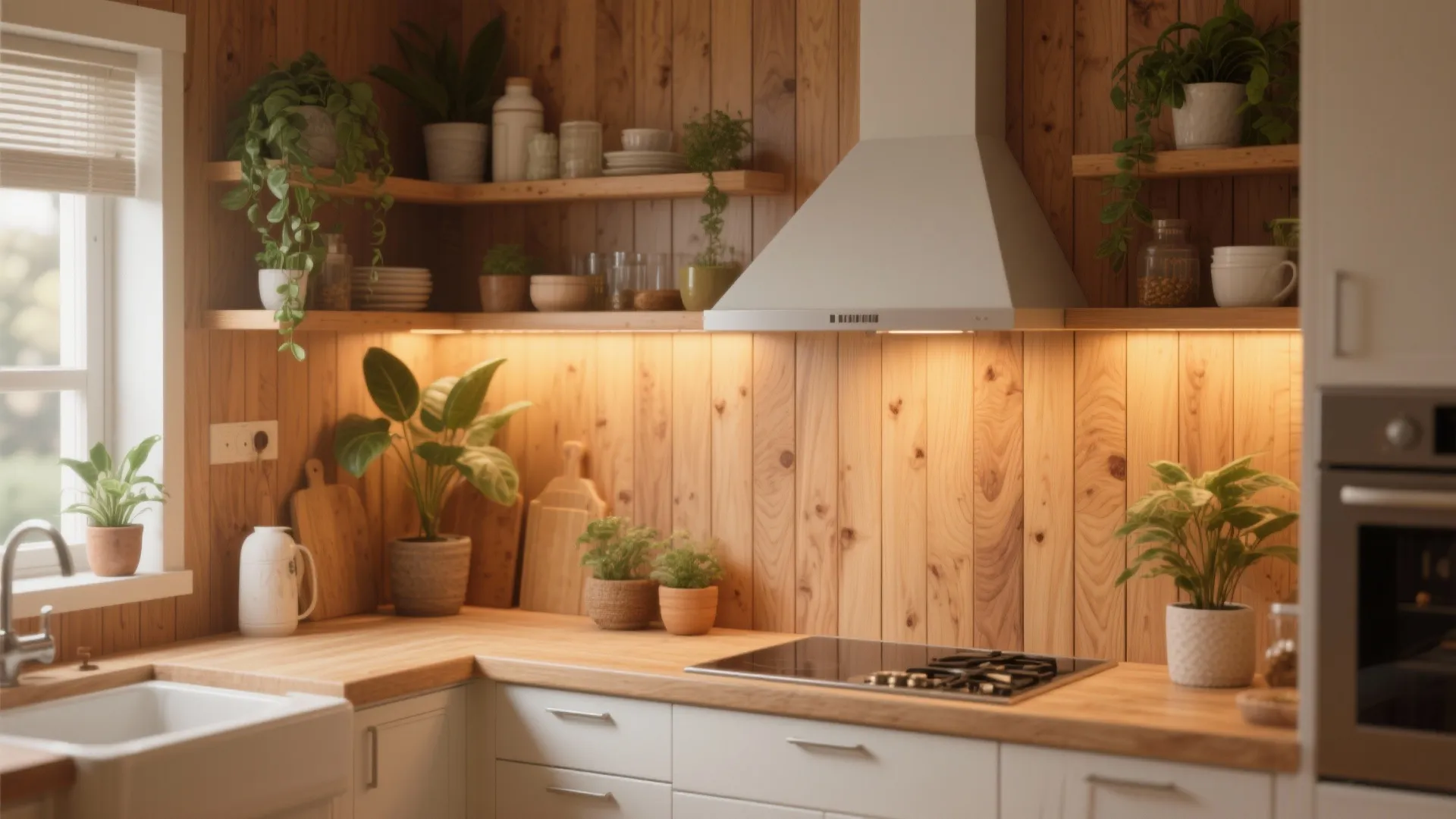 Warm kitchen with wood wall paneling and shelves plus white cabinets and small green plants