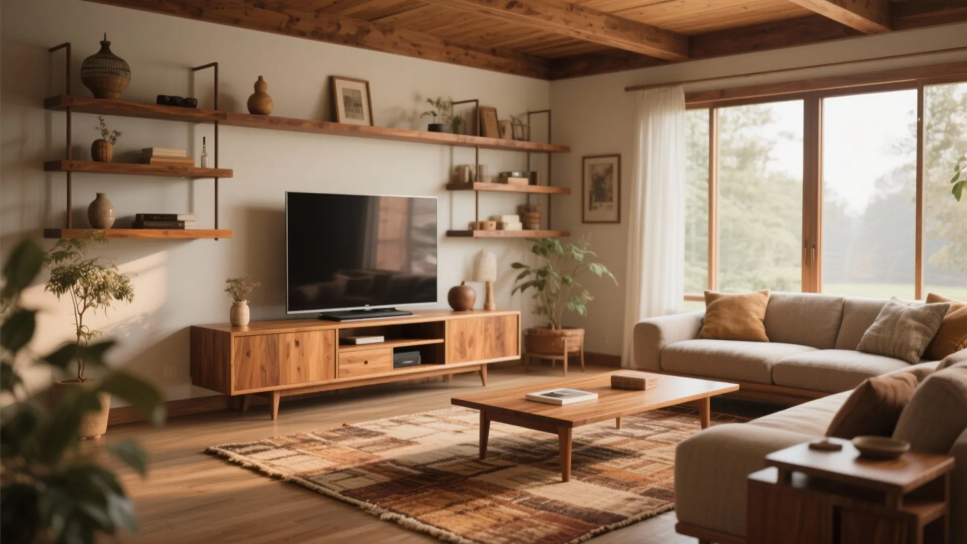 Warm-toned 5x7 rug complementing wood furniture in living room