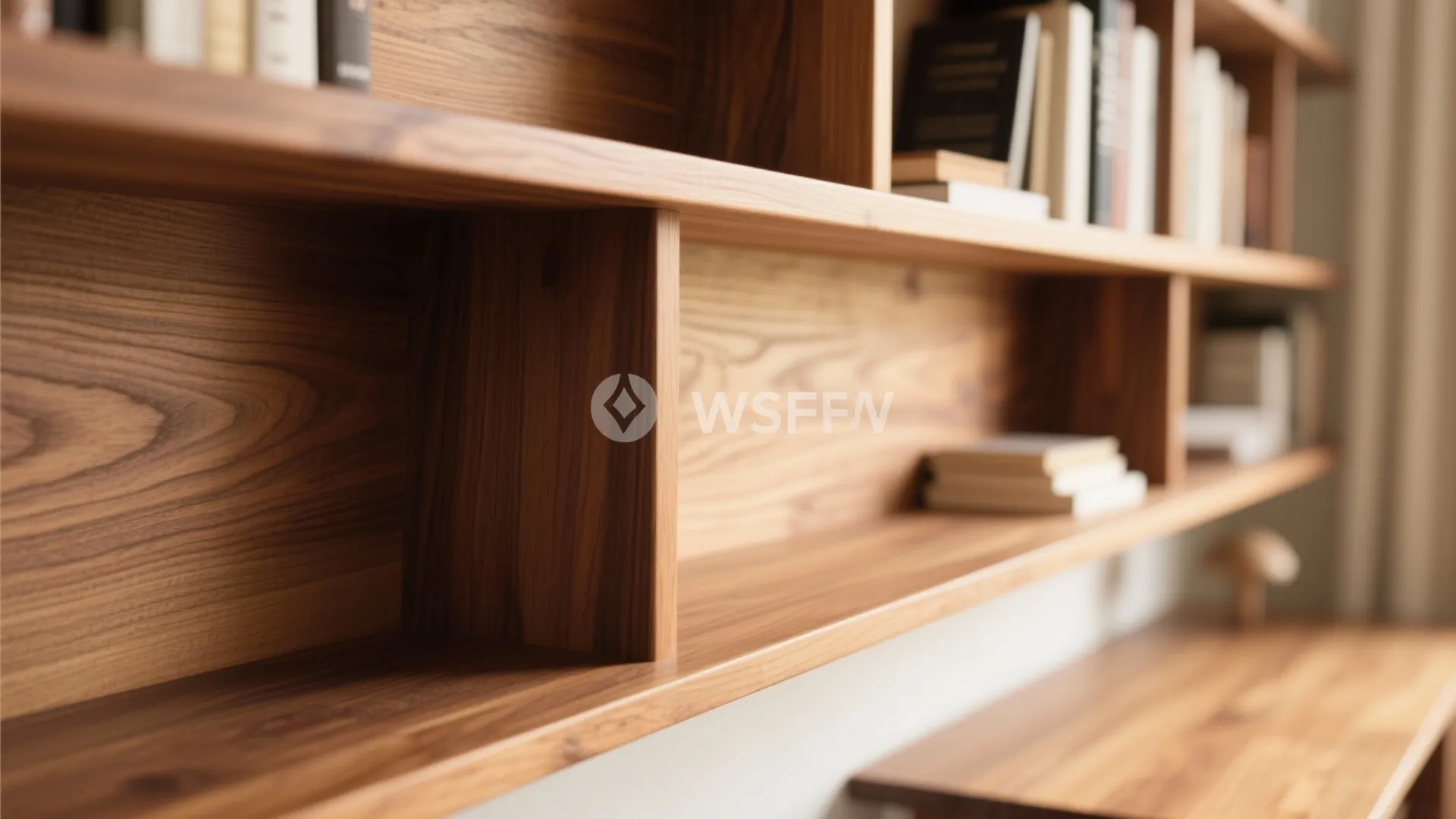 Detail of a light brown wooden bookshelf with natural grain showing books on the shelf