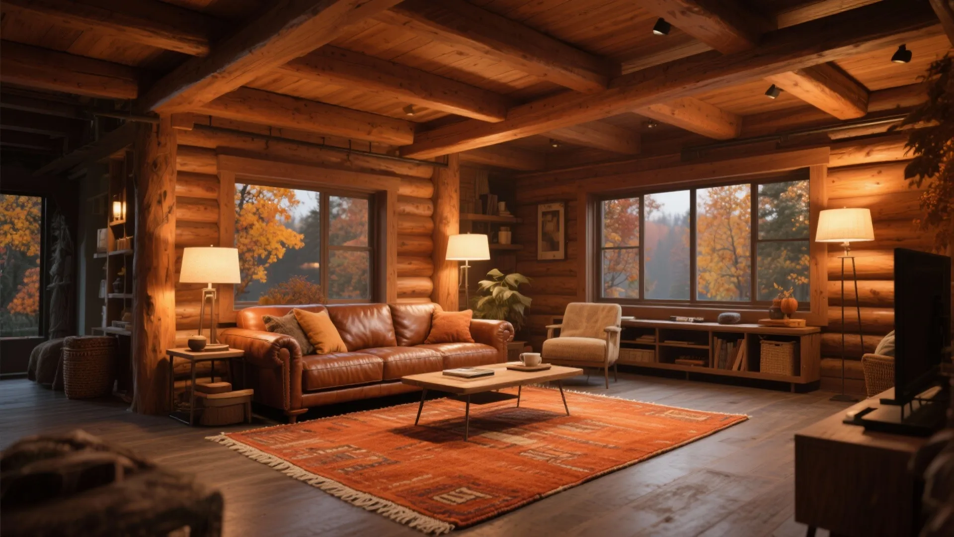 Cozy log cabin interior with brown leather sofa orange rug wooden beams and warm lamps