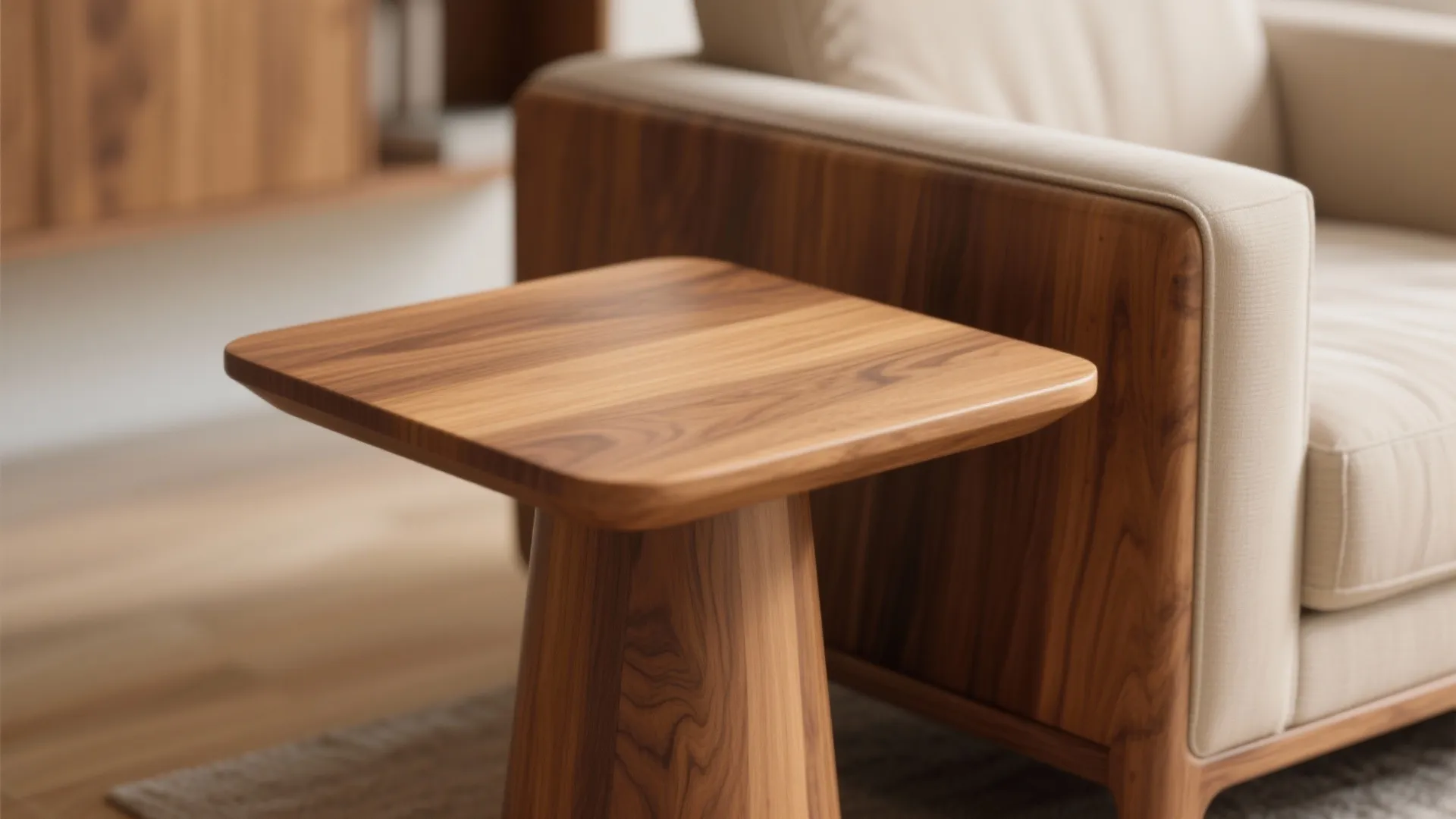 Close-up of warm wood side table beside a fabric recliner