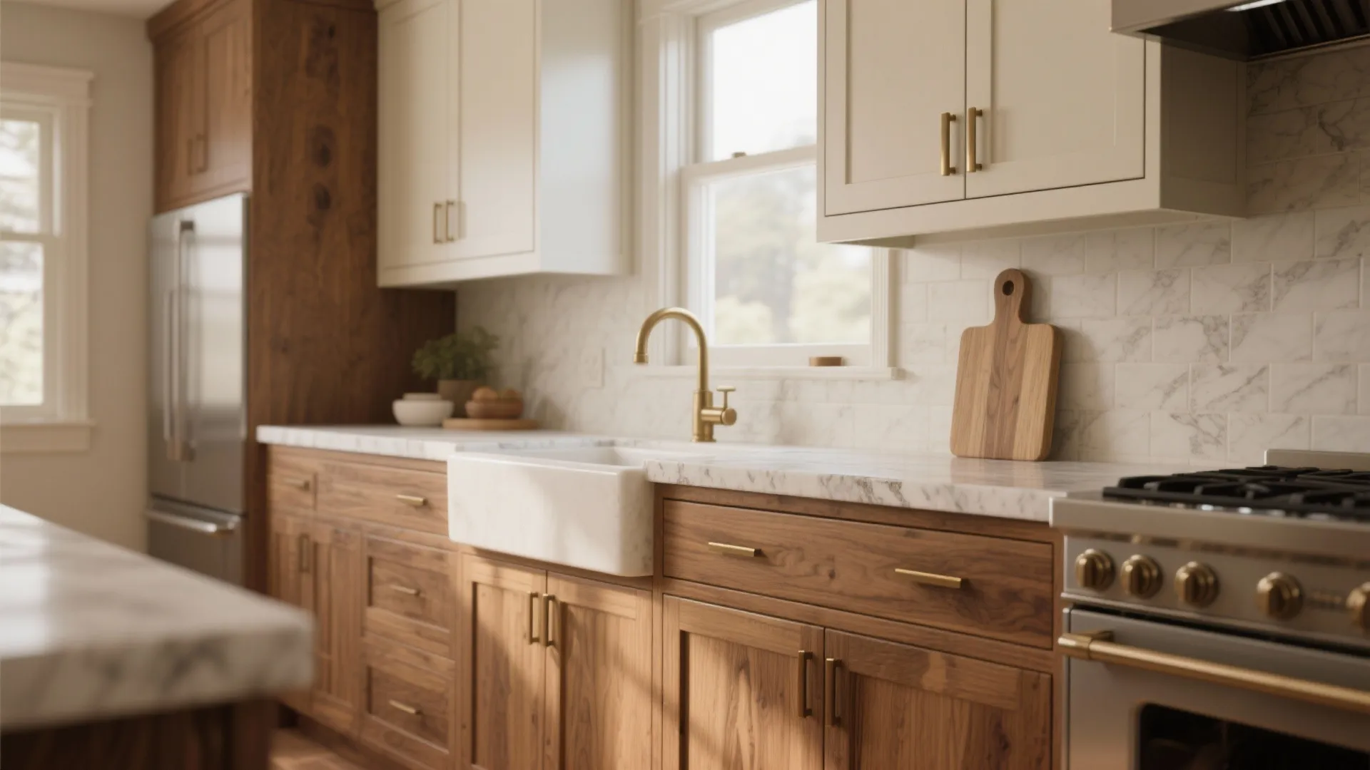 Modern kitchen with wood cabinets white marble countertop gold faucet and white farmhouse style sink