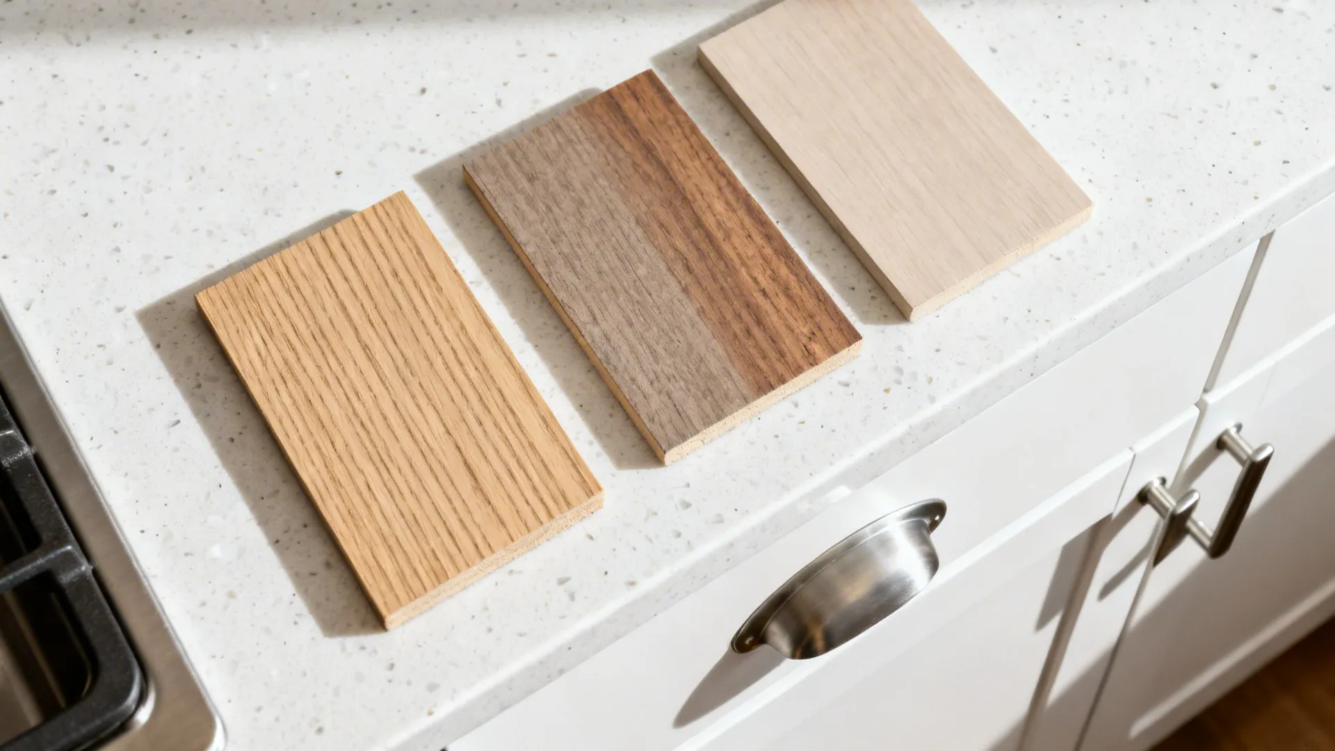 Flat lay of light rift-oak, walnut, ash, matte white finish, white quartz, and stainless hardware.