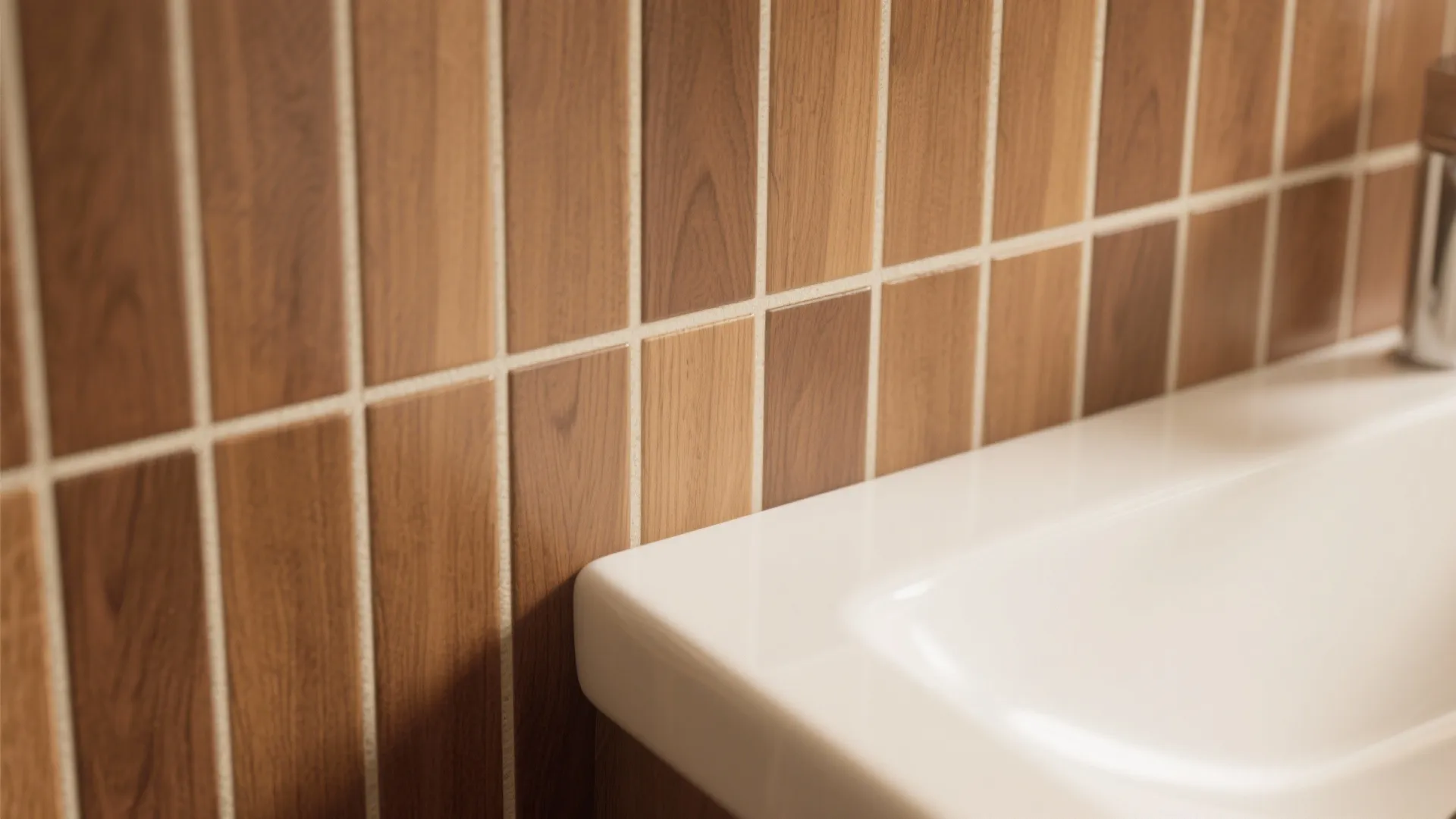 1. Warm wood tones with light grout