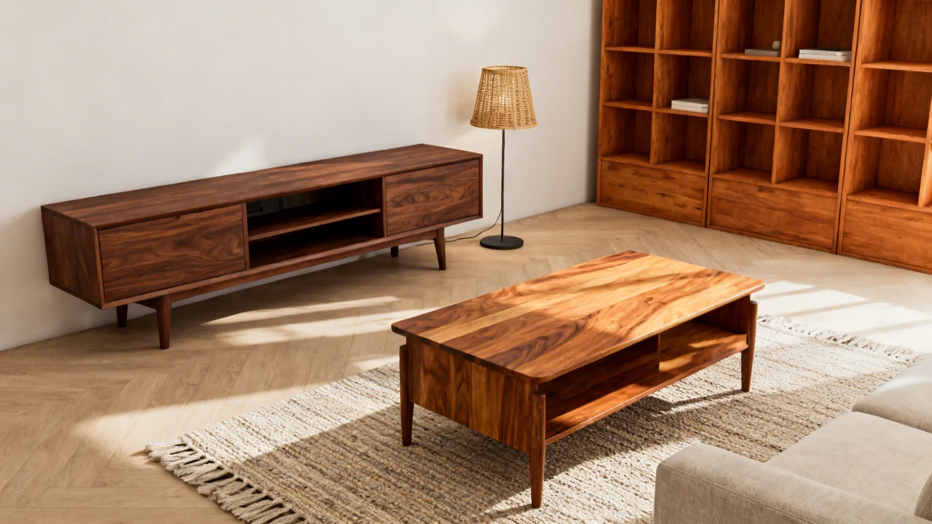 Small living area with mixed walnut, teak and oak pieces and warm textured rug