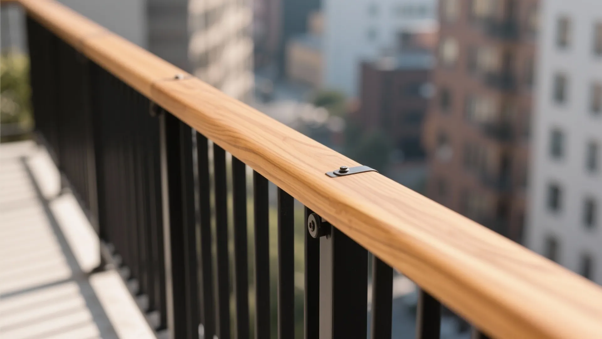 Close up of a balcony railing with light wood top rail and black metal bars