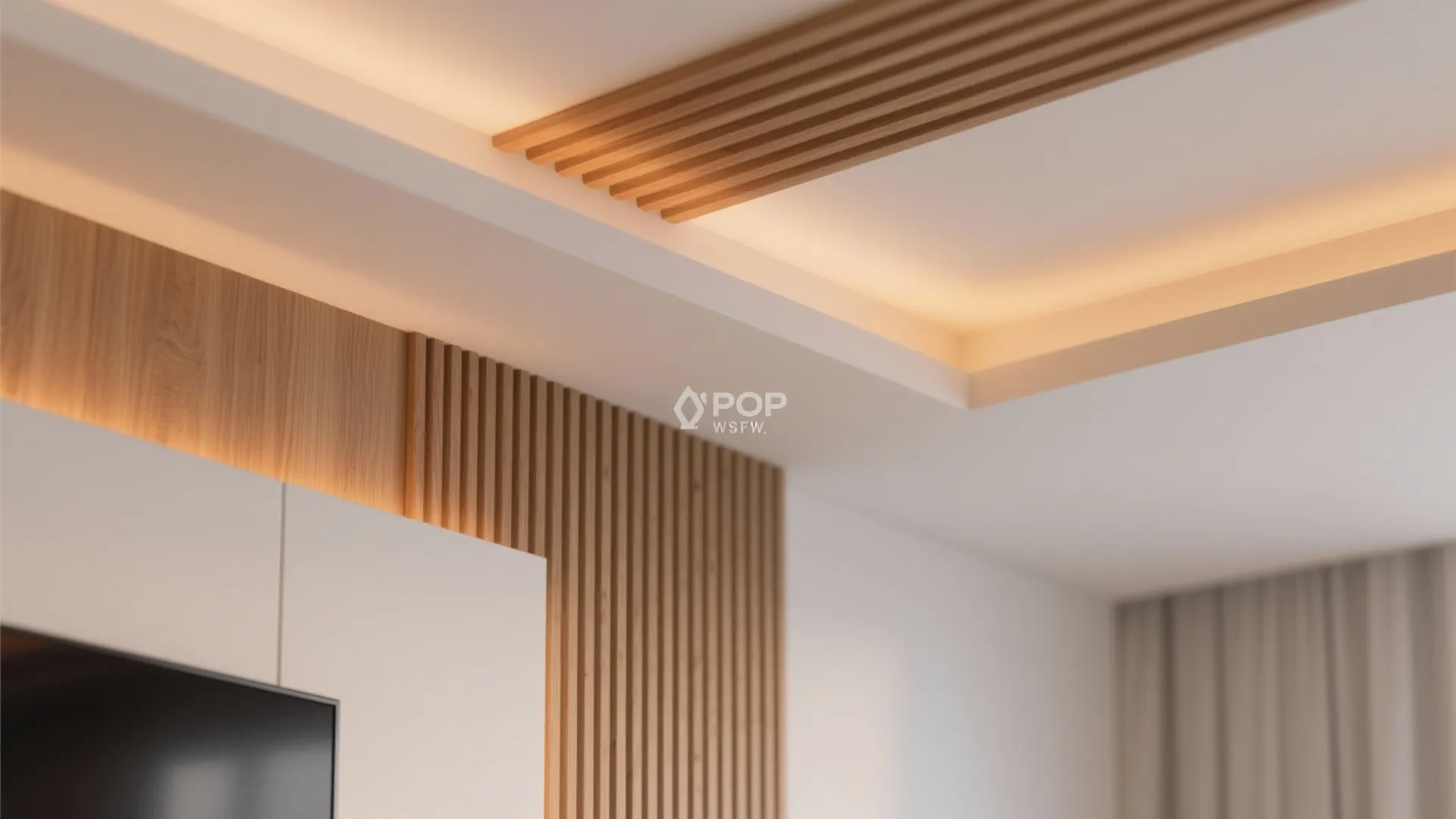 Modern white ceiling with wooden slats warm light fixture wall panel and white room curtain