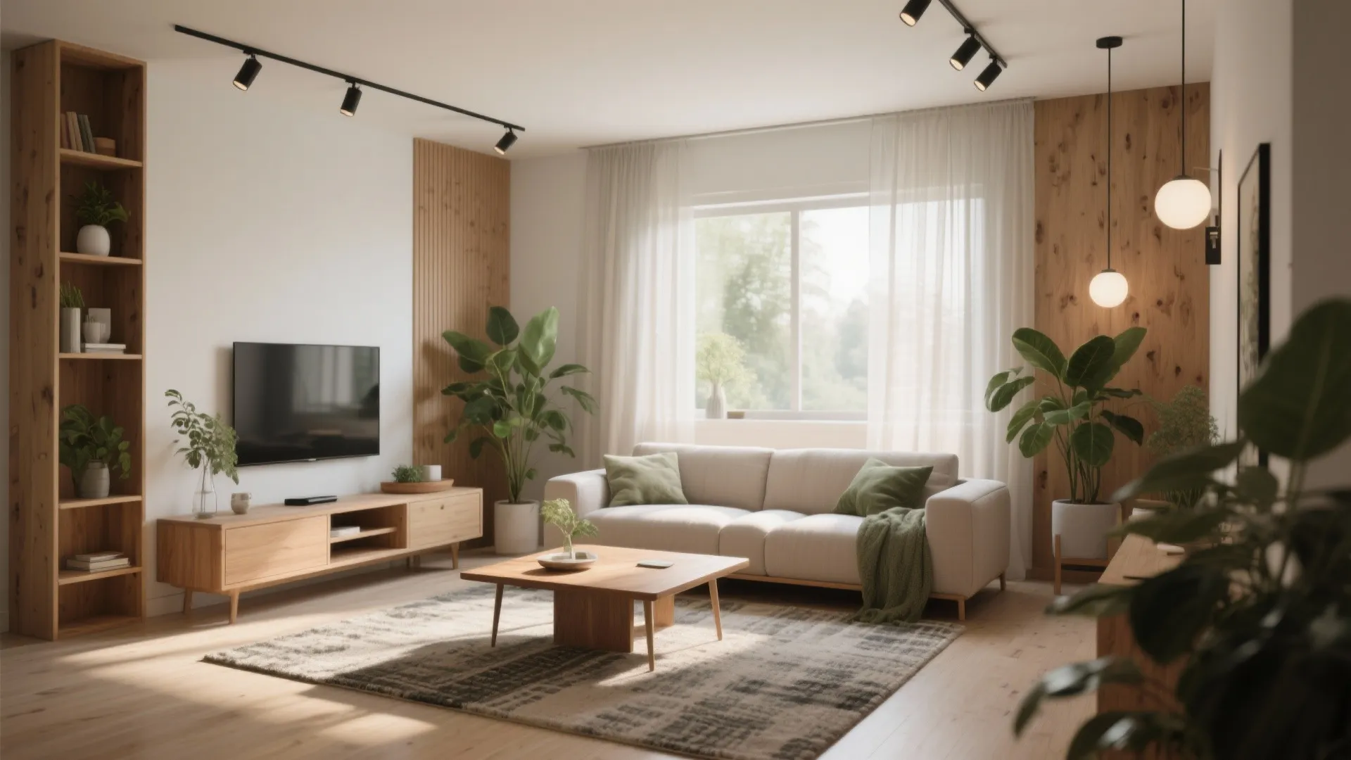 Scandinavian living room with warm wood and track lighting