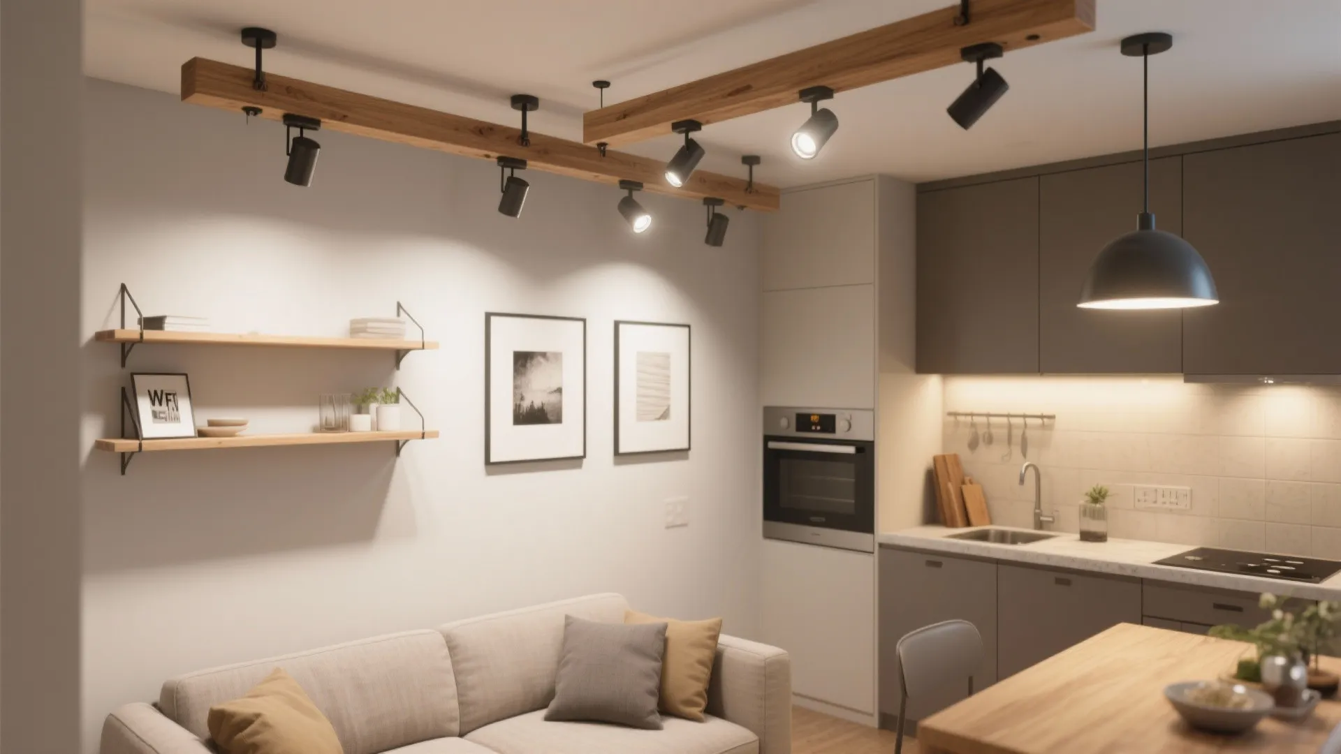 Wood Accents on Track Lighting for Flexible Zones