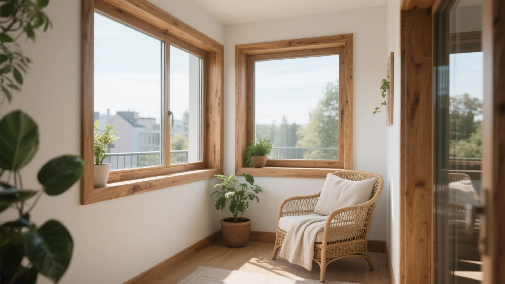 Warm wood trims and biophilic frames