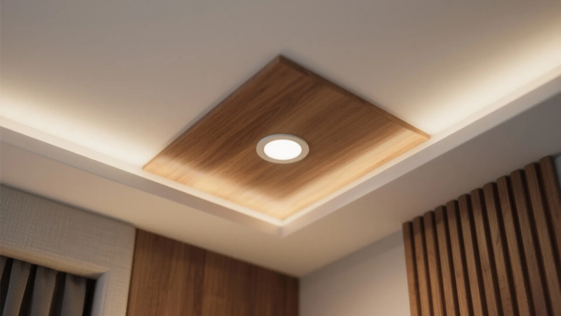 Modern white ceiling featuring a wooden panel with a round light fixture and hidden lighting