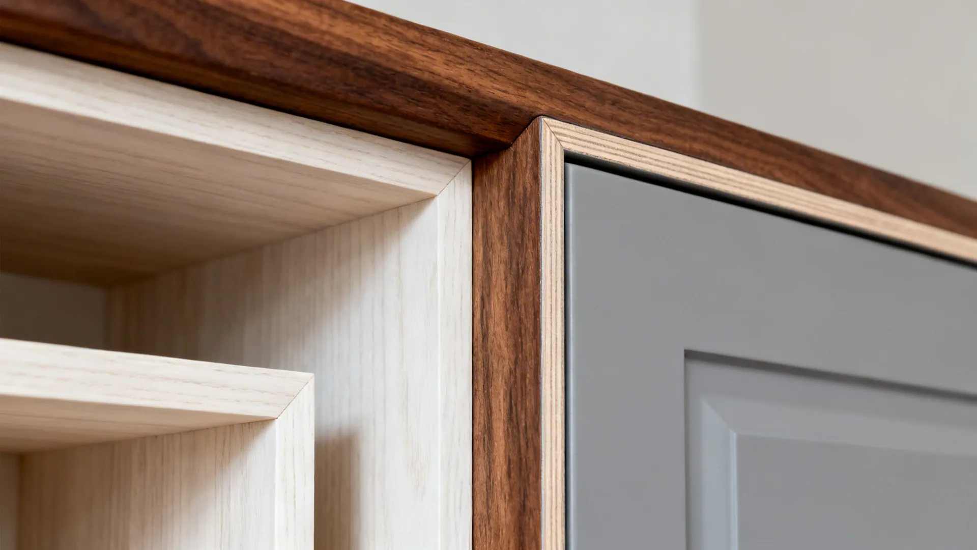 Macro of walnut rail and white-oak cubby joining a matte gray cabinet with clean edge banding.