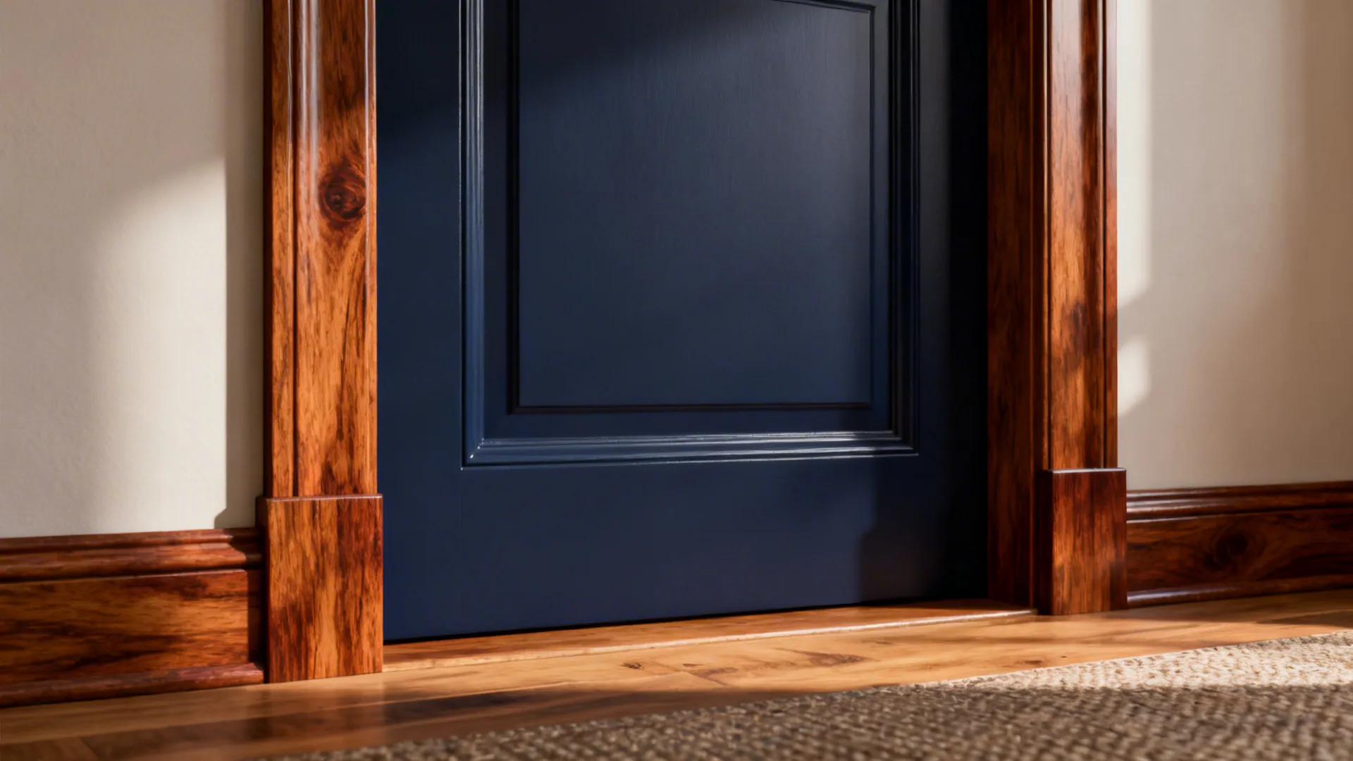 Deep navy door framed by warm oak stained trim showing wood grain detail