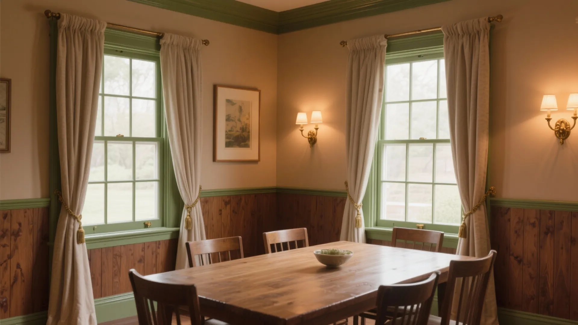 Dining room with olive-painted trim, soft camel walls, and warm wood accents.