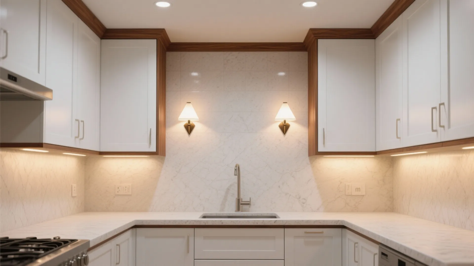 Warm wood-trim triangles for cozy kitchens