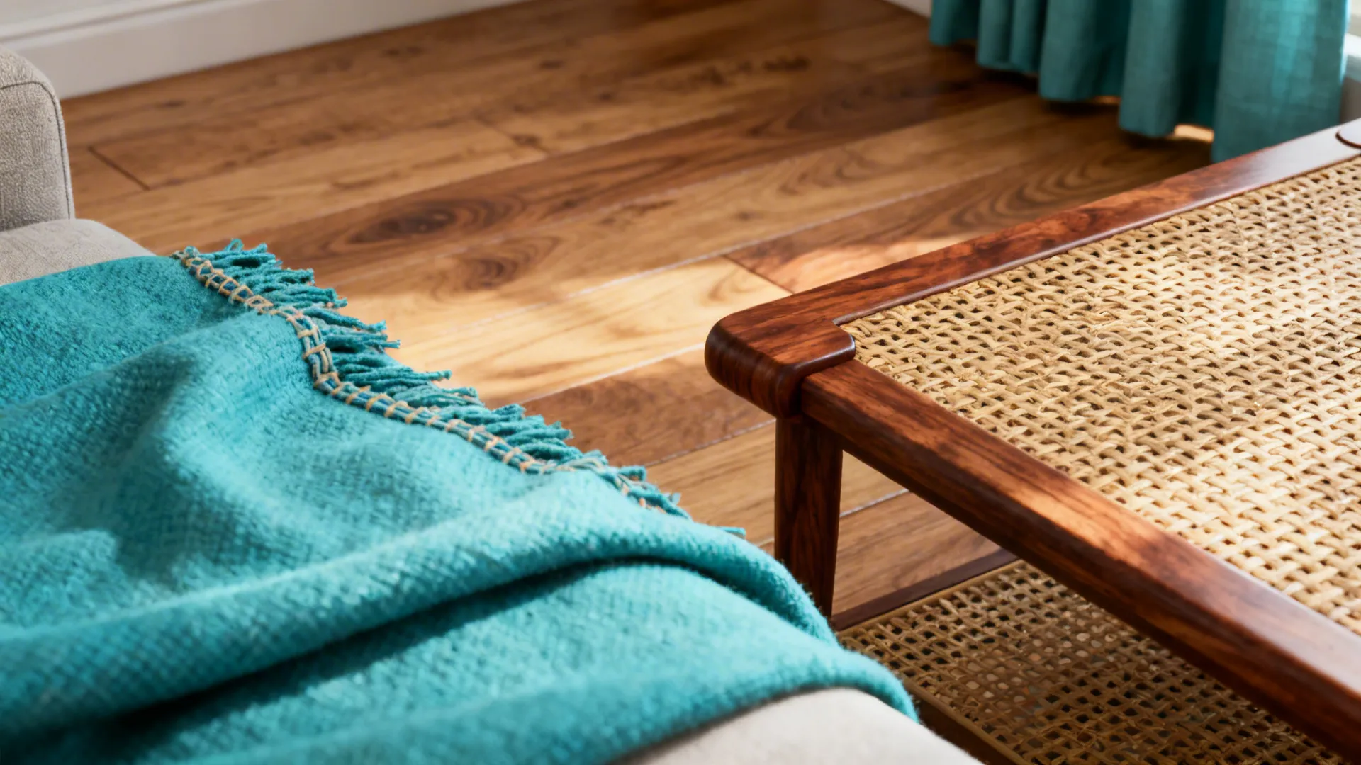 Close-up of oak wood grain, woven rattan, and turquoise textile throw.