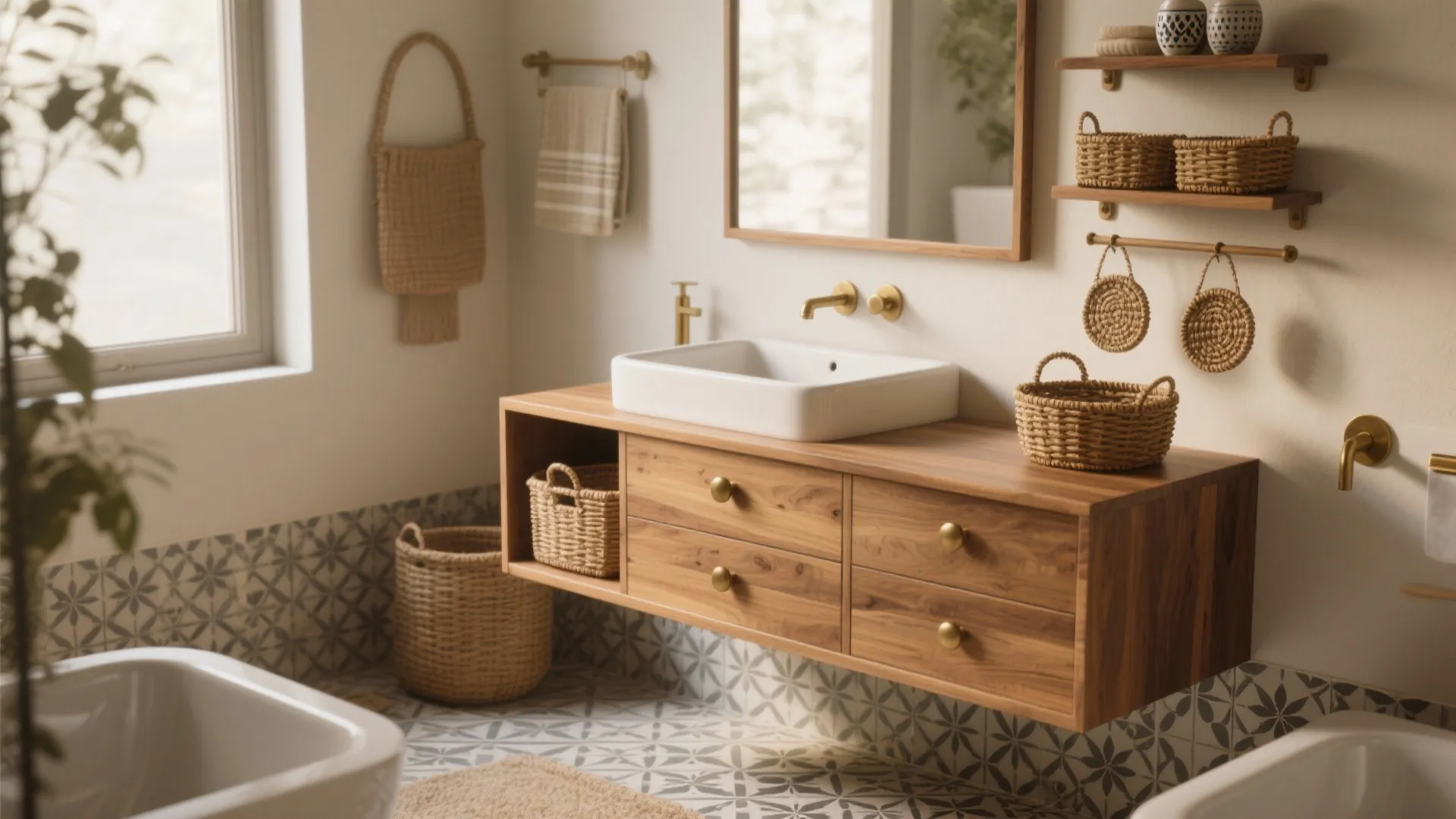 3. Warm Wood Vanities & Rattan Accents