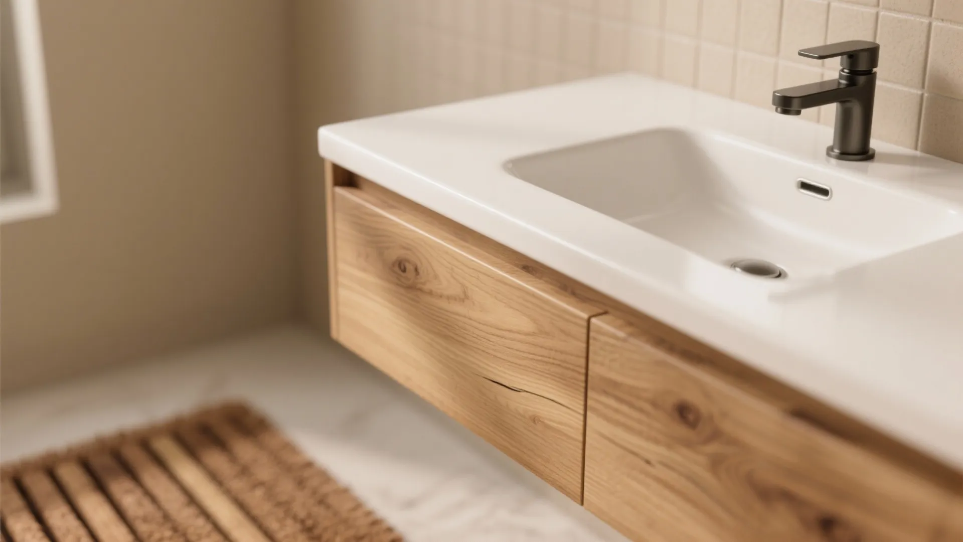 Close up of a wooden bathroom cabinet with white top black faucet and tiled wall