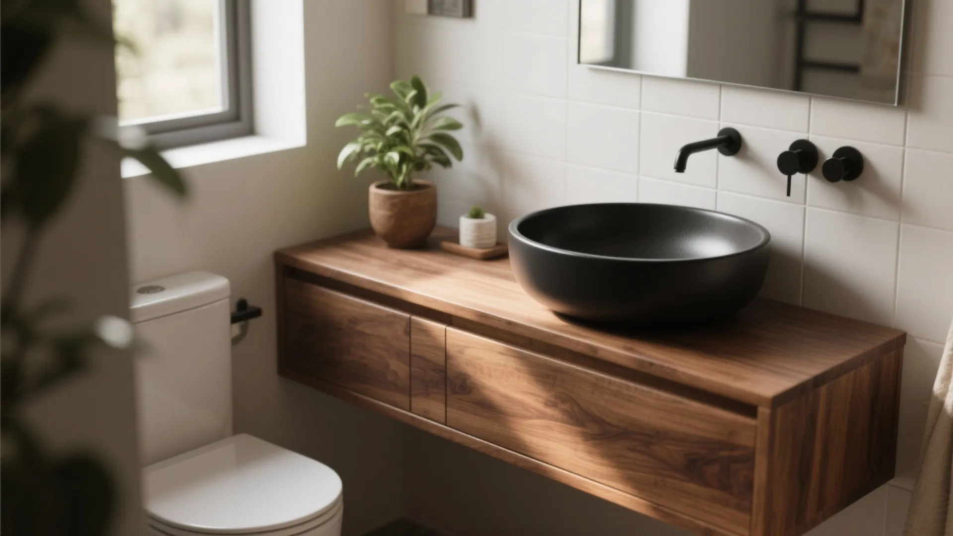 Bright bathroom interior with wood cabinet black round sink green plant and white wall tiles
