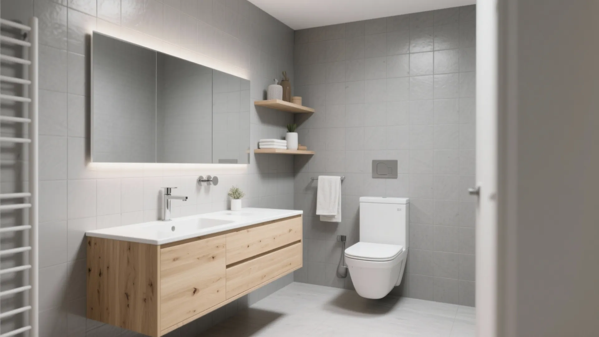 Grey tiled bathroom featuring a wooden floating cabinet with white sink and large lighted mirror