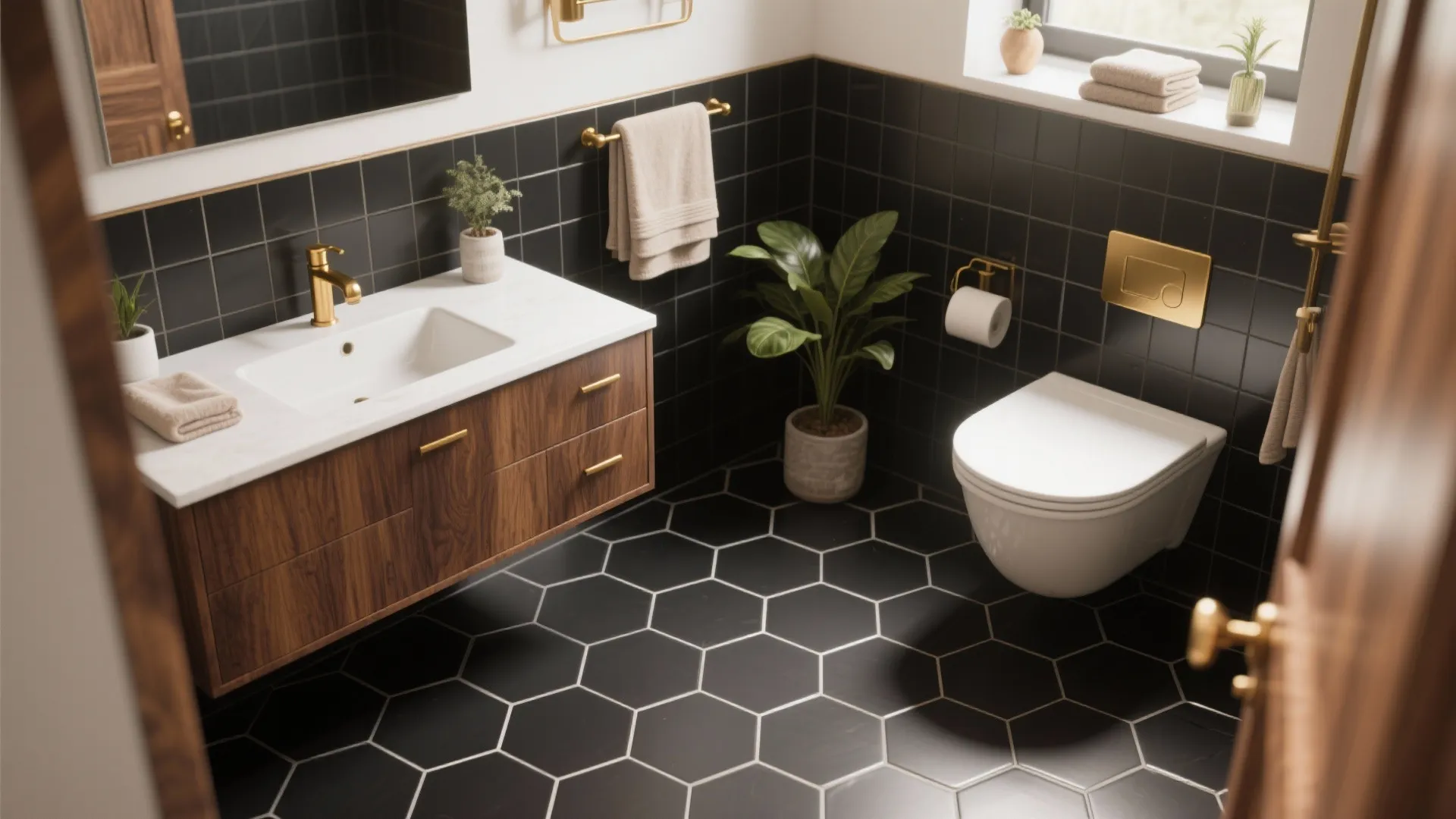 Compact bathroom with black hex floor and warm walnut vanity creating a cozy contrast
