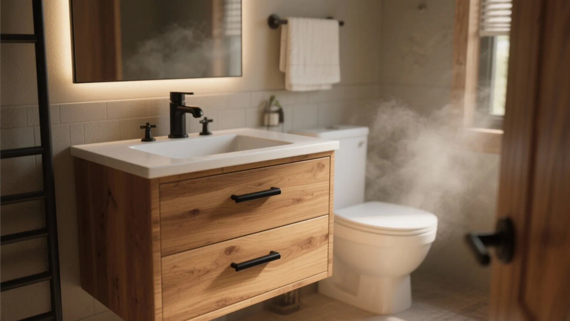 2. Matte black with wooden vanities