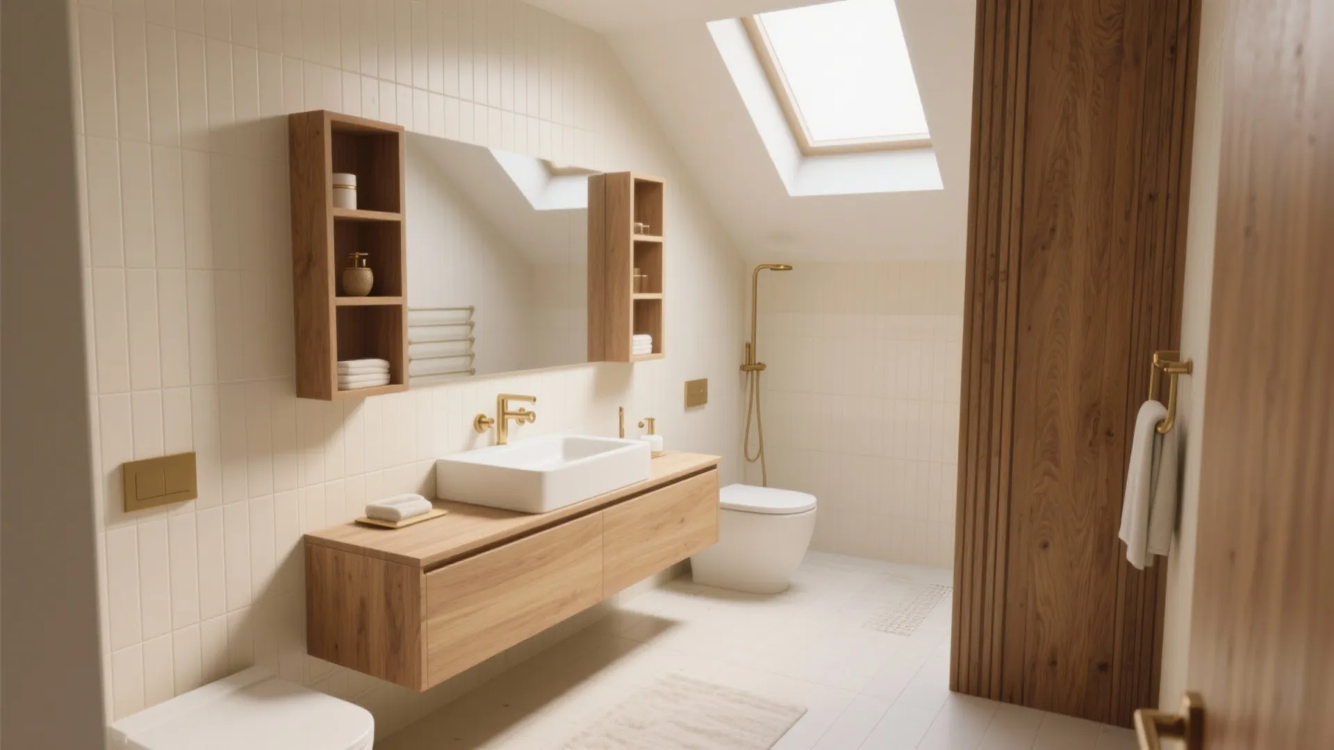 3. Cream Tiles with Warm Wood Accents