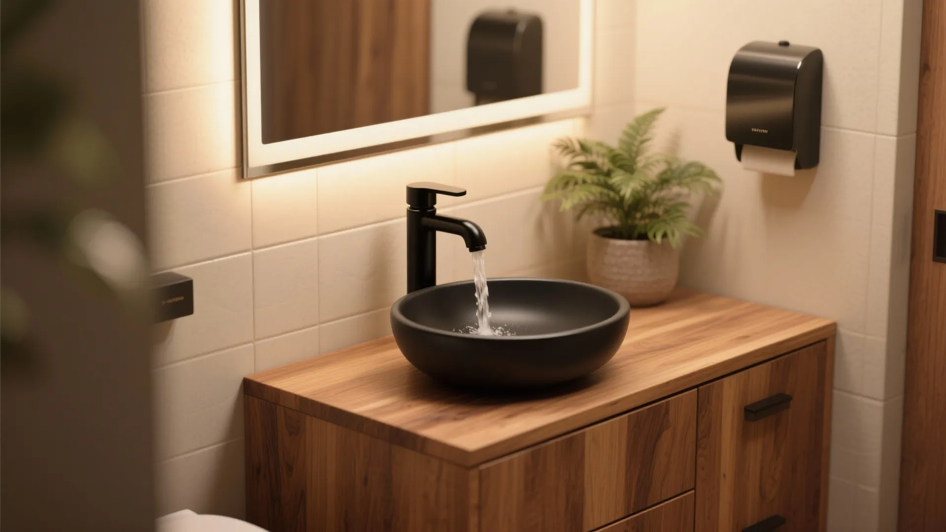 3. Matte Black with Warm Wood