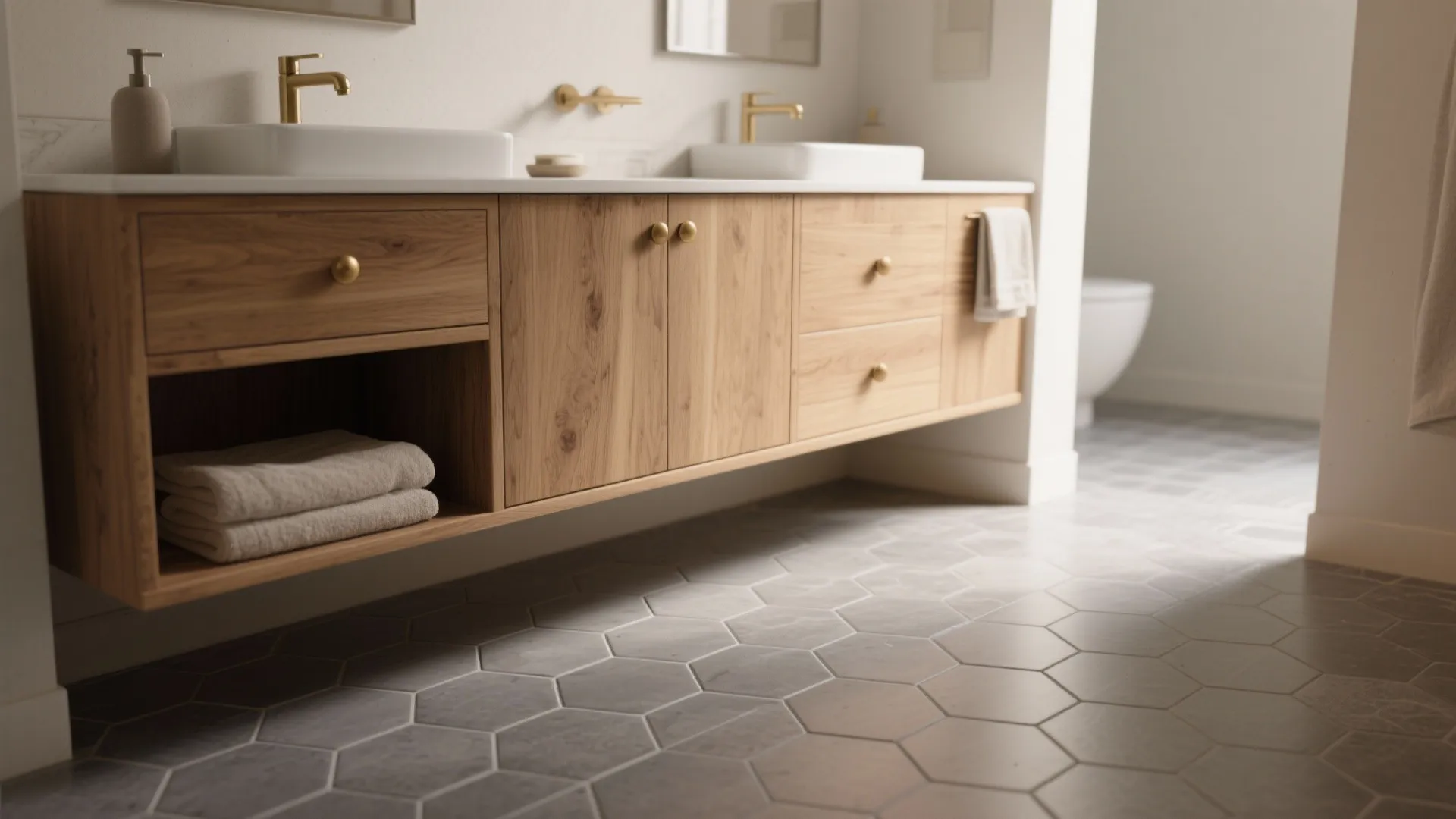 Light wood bathroom cabinet with two white sinks gold faucets and grey hexagonal floor tiles