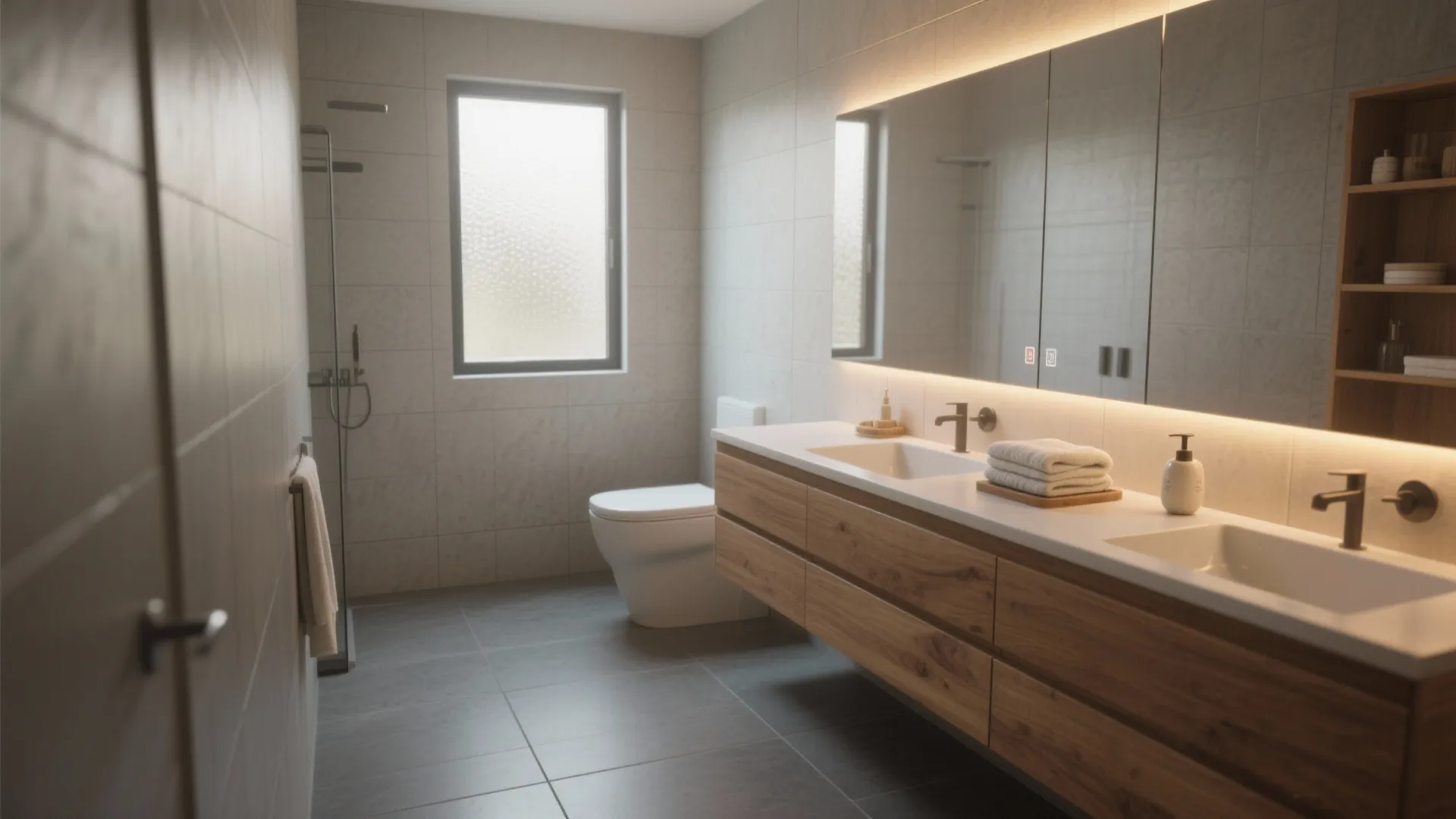 Medium wood vanity with matte cool-grey tiles and warm LED lighting in a small bathroom.