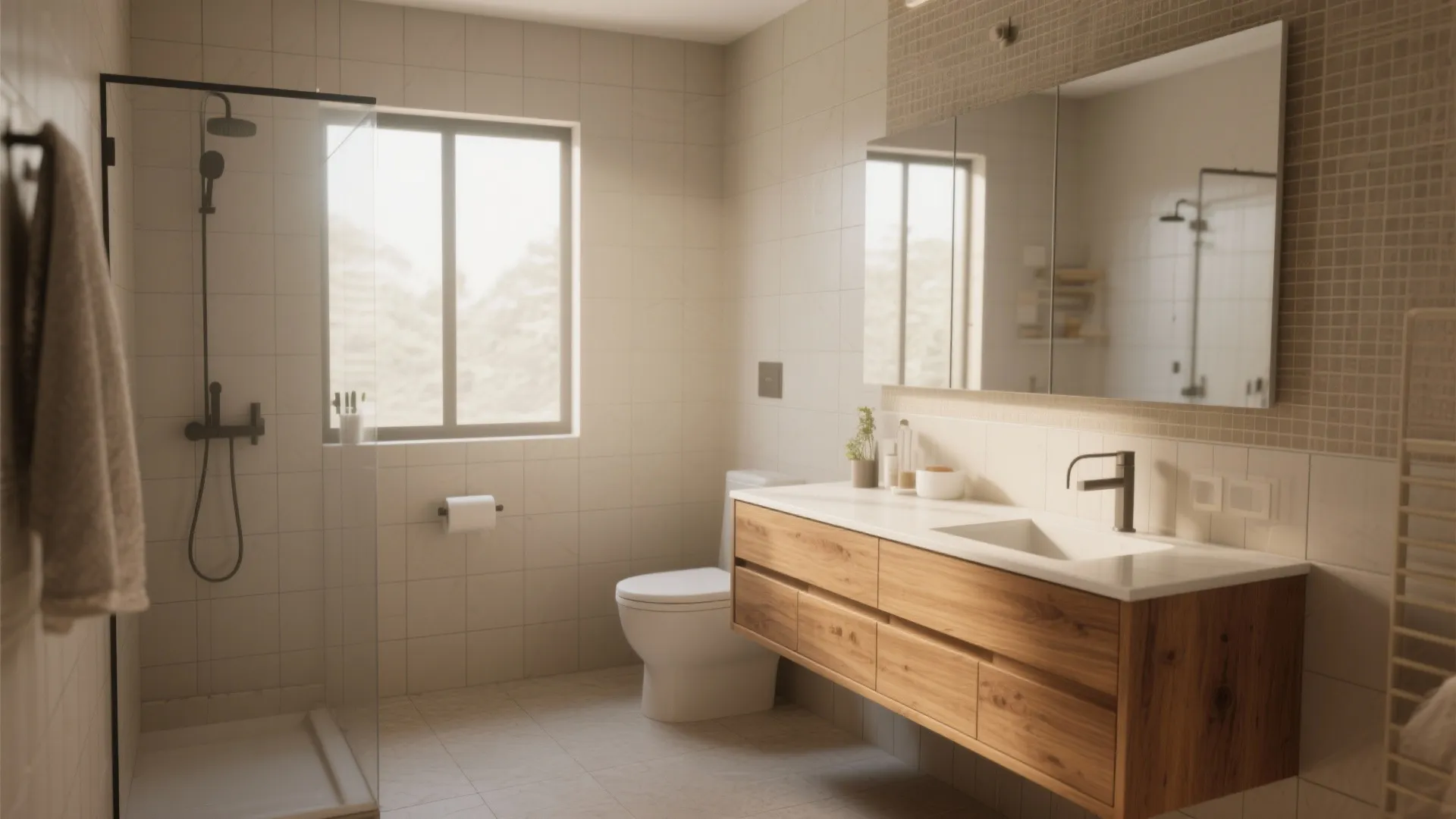 Modern bathroom with wood cabinet vanity large mirror white toilet and glass walk in shower