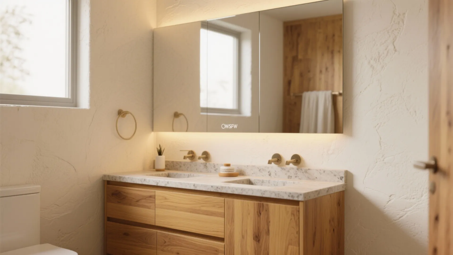 Warm engineered wood vanity paired with yellow-tinged off-white walls and honed stone countertop.