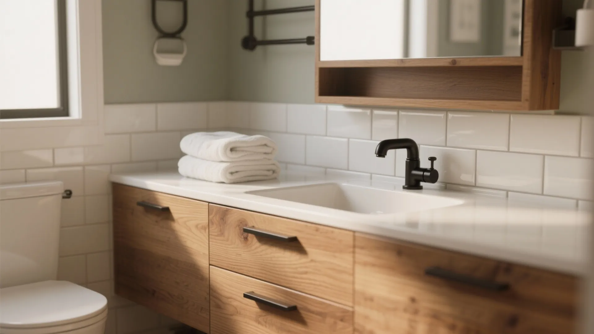 1. Warm wood tones with crisp white tiles