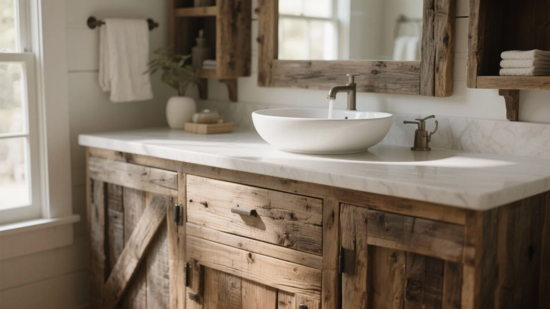 1. Reclaimed Wood Vanity with Vessel Sink